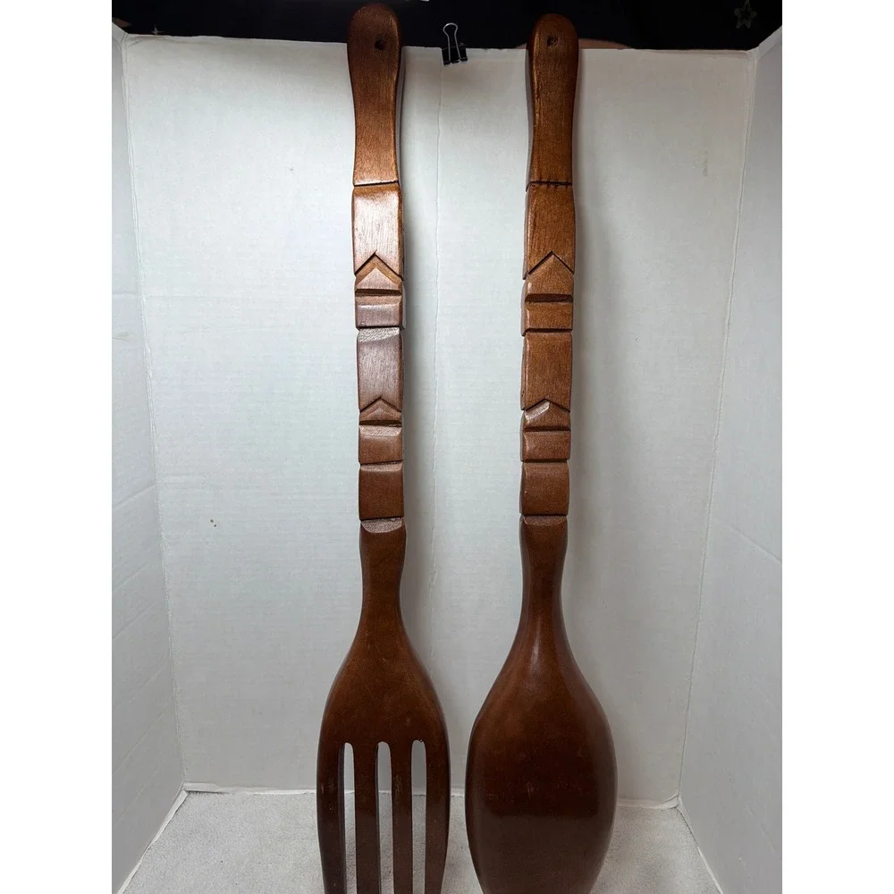 Vintage Wall Decor Brown Tiki Hand Carved Wooden HUGE Fork Spoon Set MCM 28